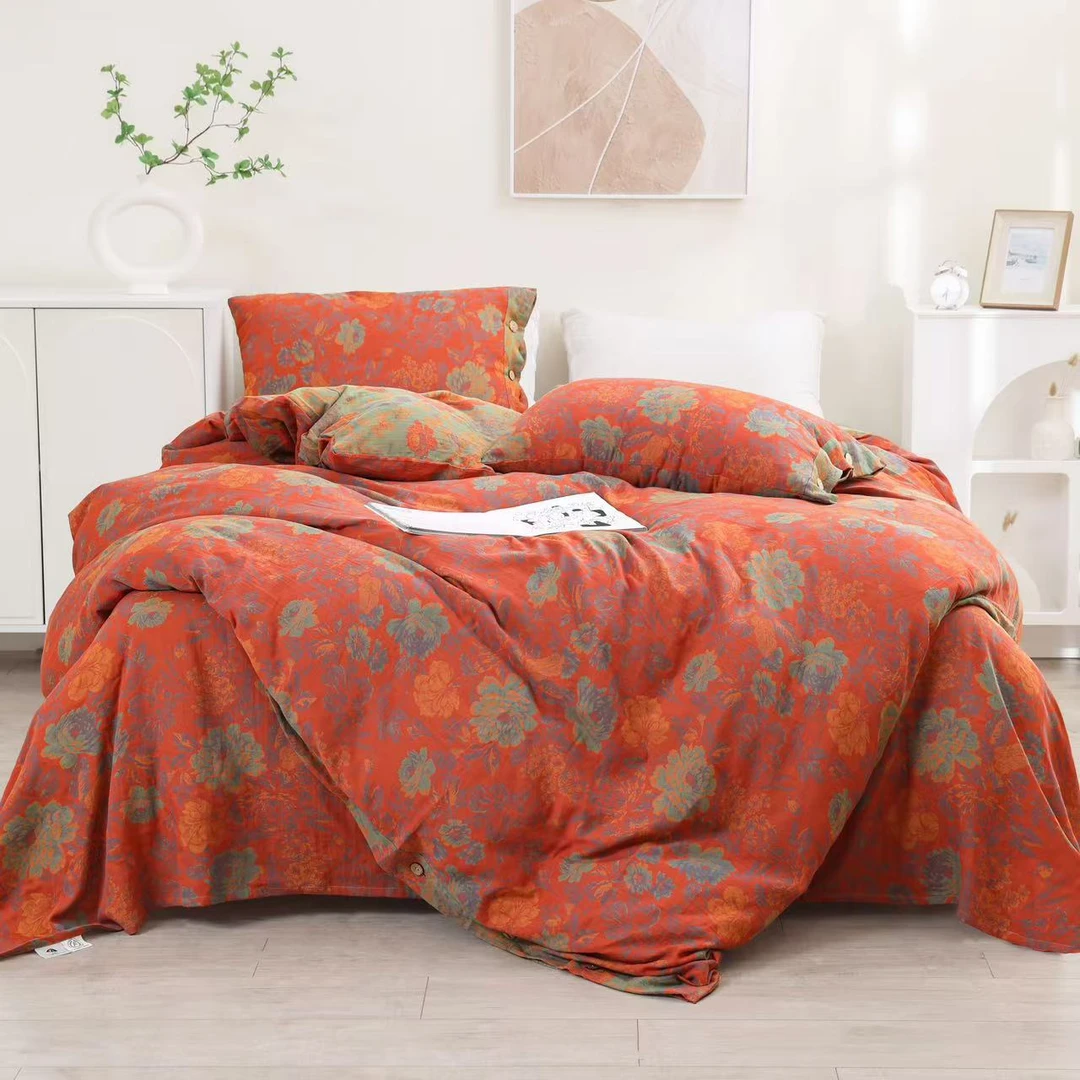 【四件套】橘色大牡丹 四件套  双层纱提花面料