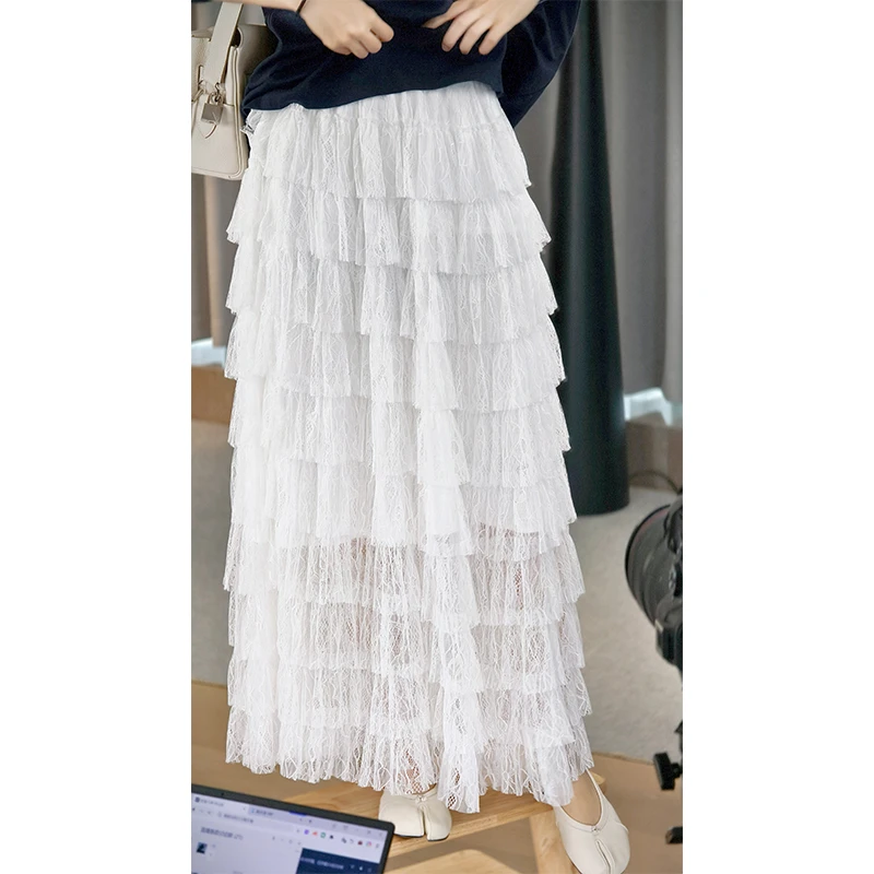 A美洋MEIYANG【欧若风】 漫天雪蛋糕裙 重工蕾丝网纱半身中长裙