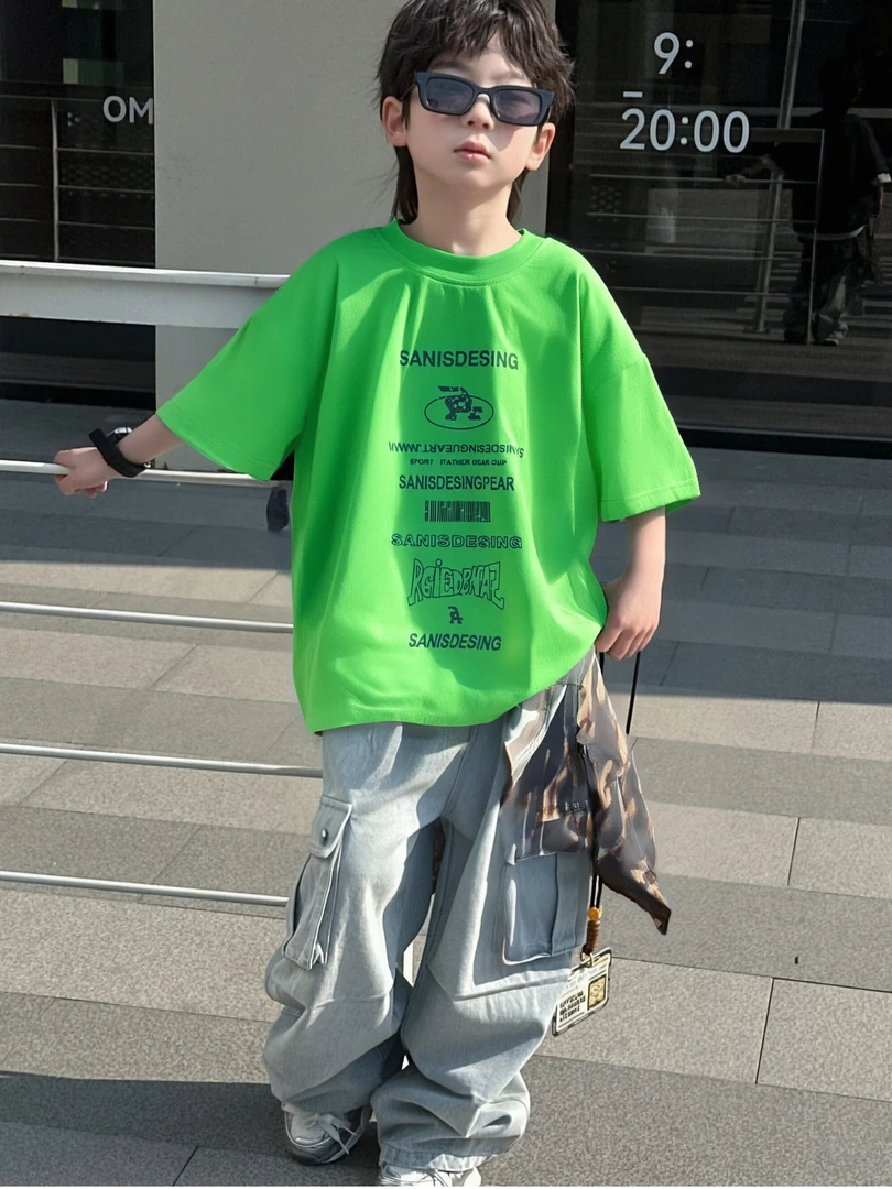 A.MU2025清仓【大牌绿】夏季韩版男童百搭字母美式街头宽松T恤短袖