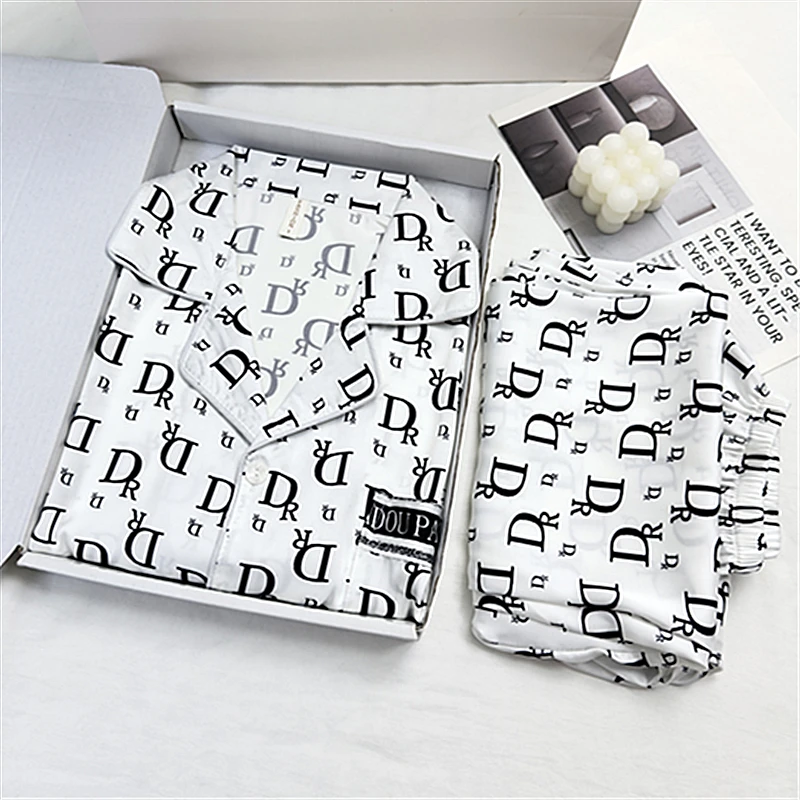 男士睡衣春秋季冰丝长袖薄款高级感字母加大码轻奢简约家居服套装