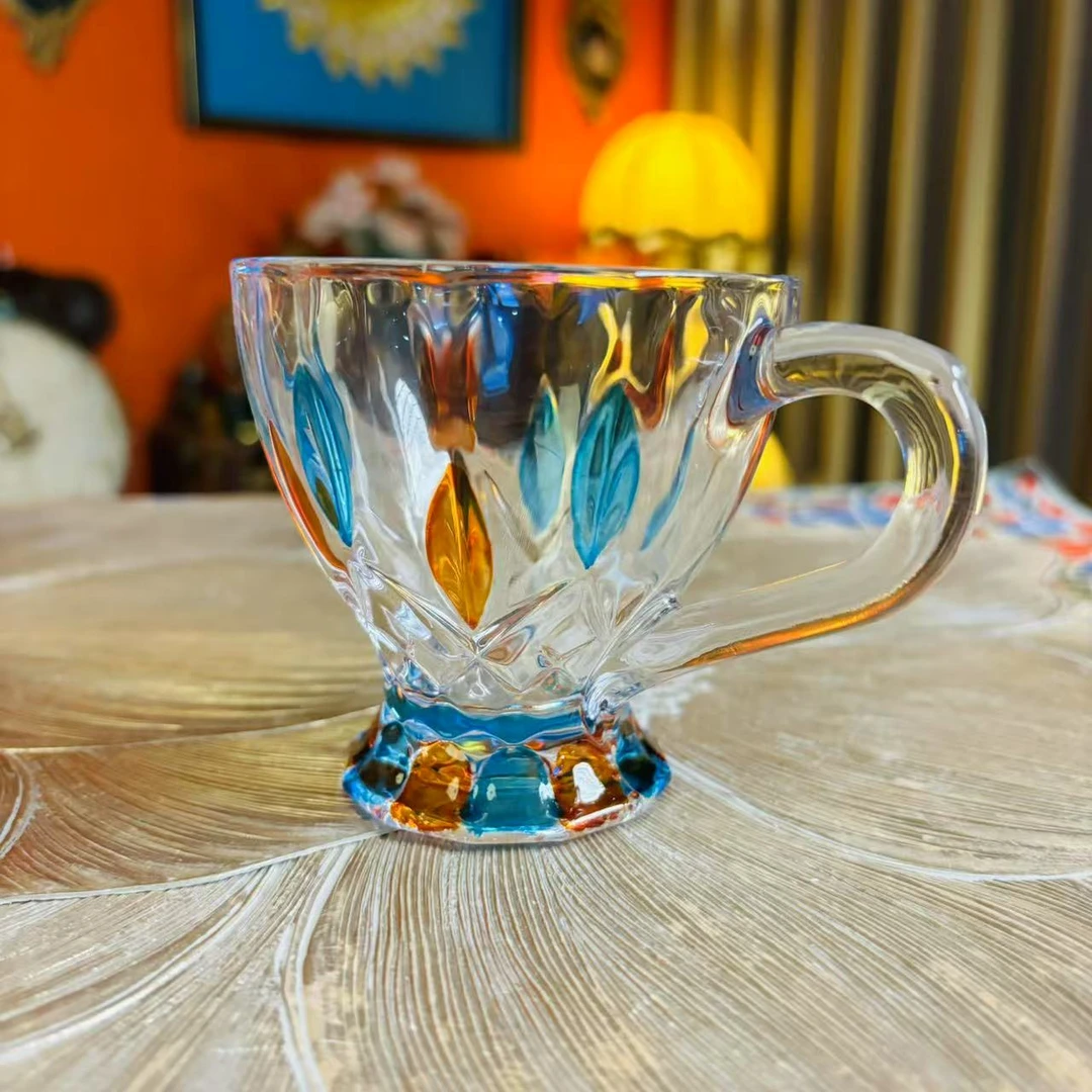 植物花卉杯碟1个0-100℃玻璃杯复古拿铁杯