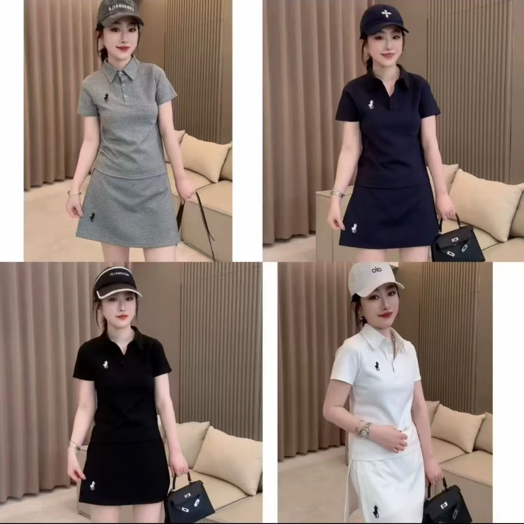 现货（现货）韩版刺绣POLO领短袖上衣高腰短裙时尚休闲两件套