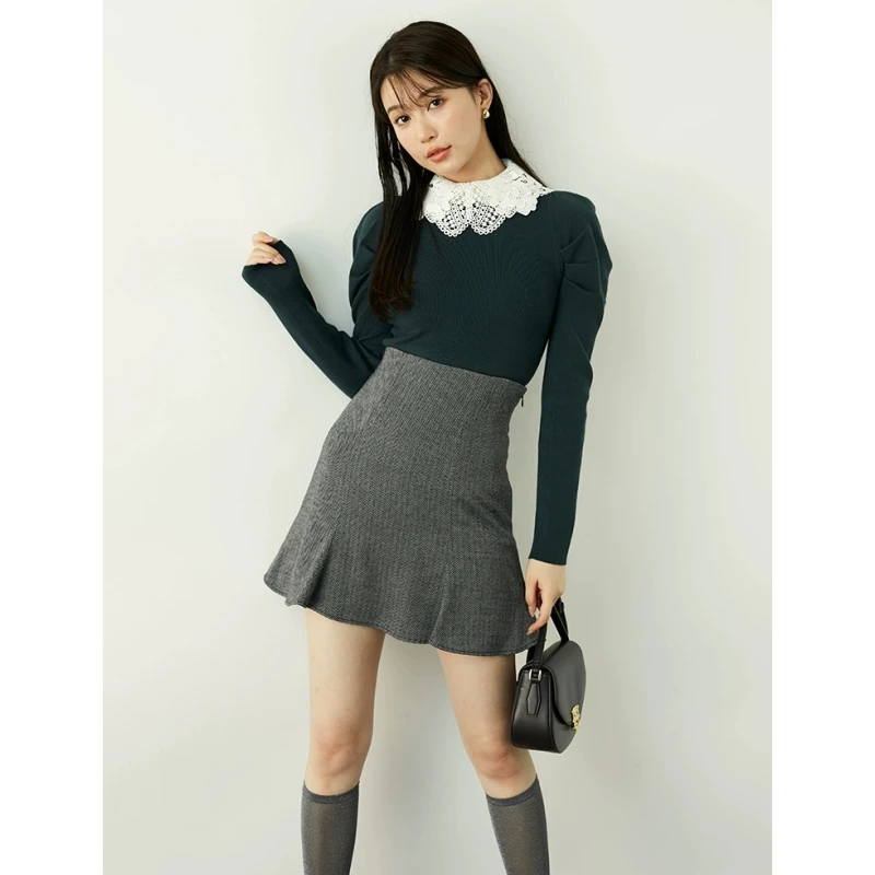 【Montendre】秋冬新品 S 甜美纯色可拆蕾丝领泡泡袖针织衫