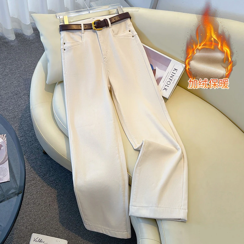 艾格白色牛仔阔腿裤女2025小个子加绒休闲直筒裤今年流行好看裤子