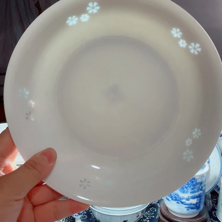 青花玲珑8寸窝盘三星花素玲珑