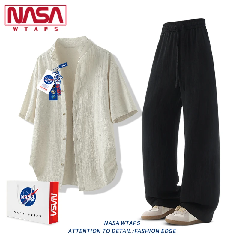NASA WTAPS亚麻砂洗肌理感男款新中式冰丝休闲通勤短袖衬衫两件套