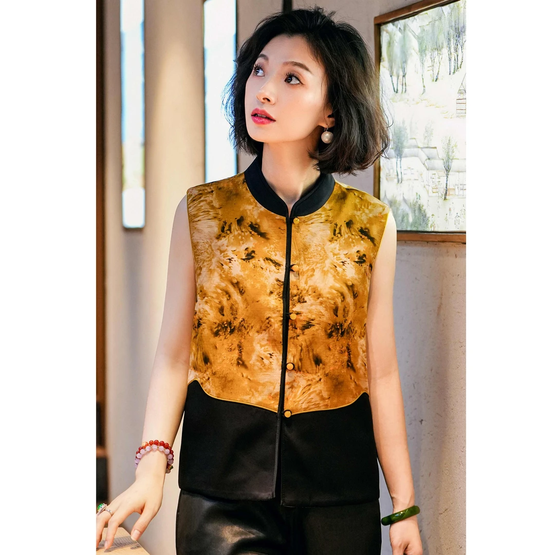 西子/【日照金山】重磅醋酸亚麻盘扣新中式印花双面穿马甲/MJBH1493