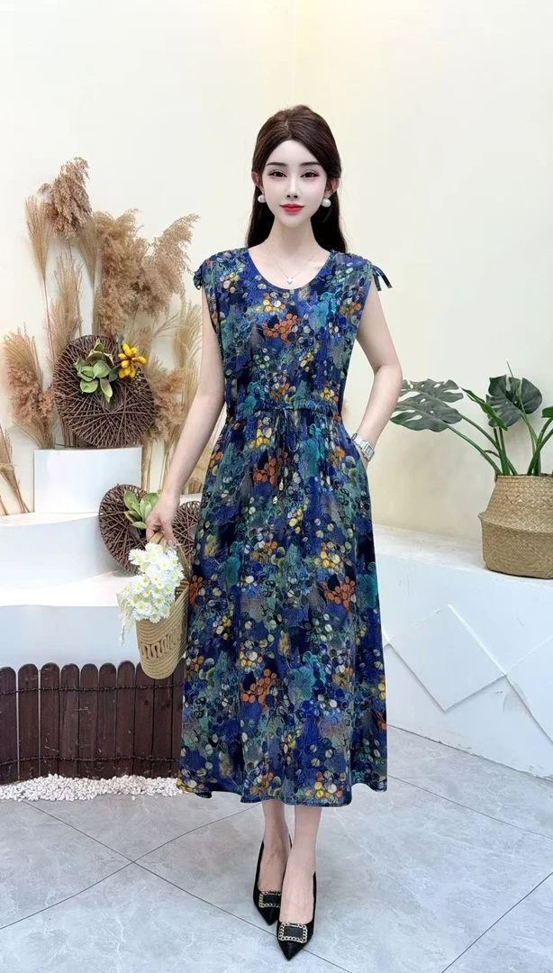 中长款夏季时尚碎花裙子新款气质显瘦连衣裙长裙A字裙洋气套头