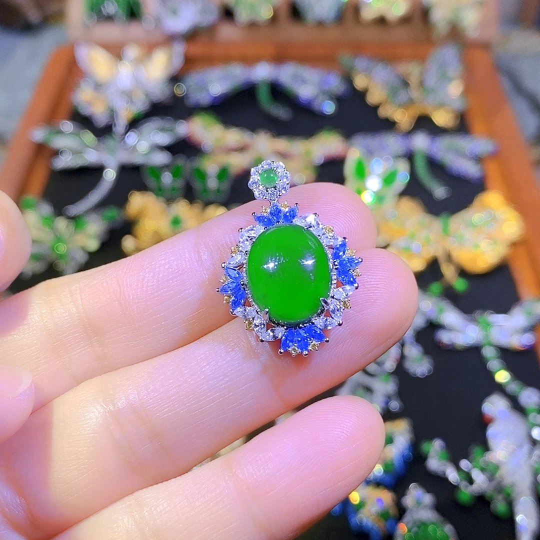 吊坠(不含链)银S925镀金镶嵌翡翠