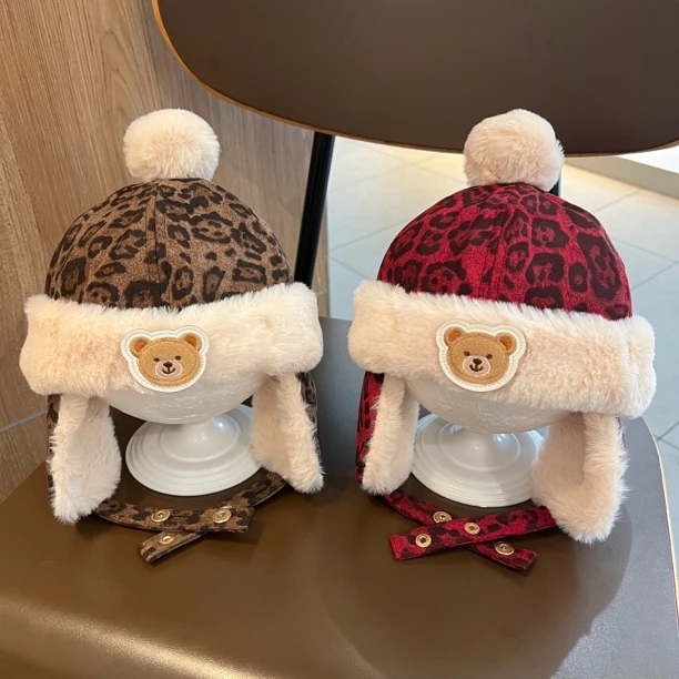 【一帽两戴】宝宝护耳帽秋冬加厚豹纹小熊地主帽户外保暖婴儿瓜皮帽