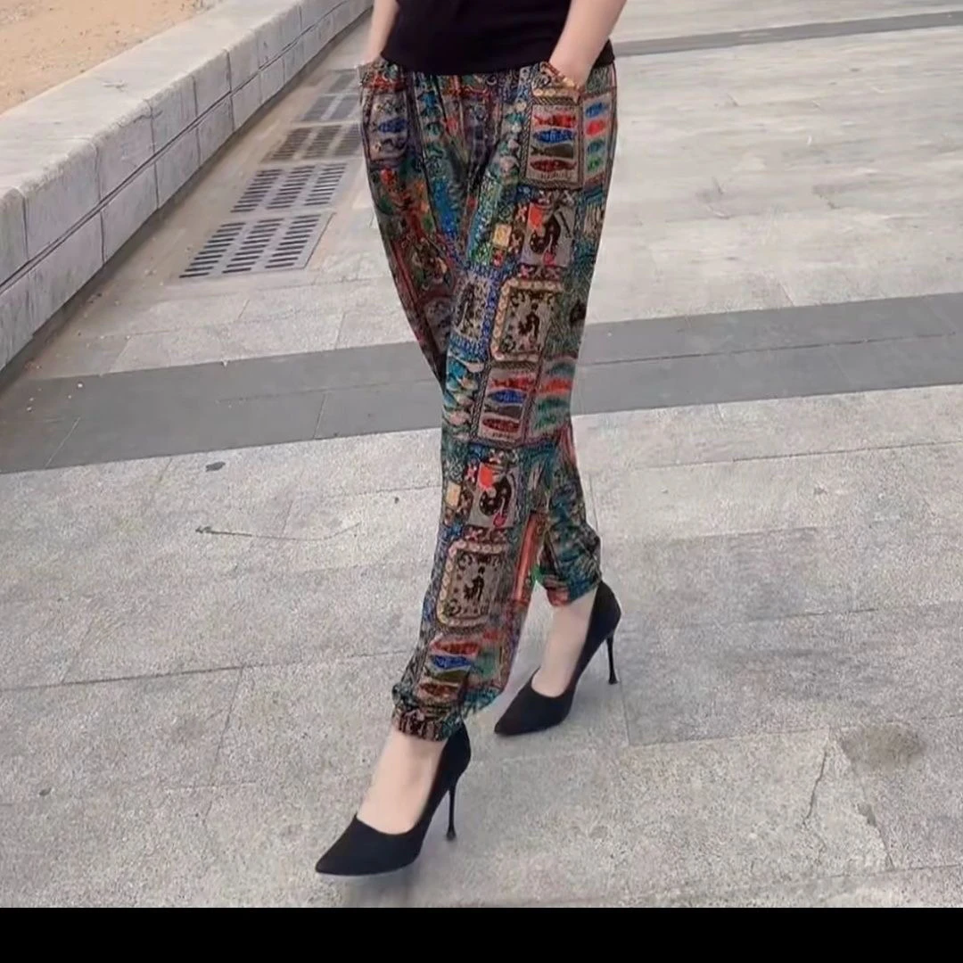 夏季民族风透气百搭碎花显瘦宽松束脚女士九分休闲裤