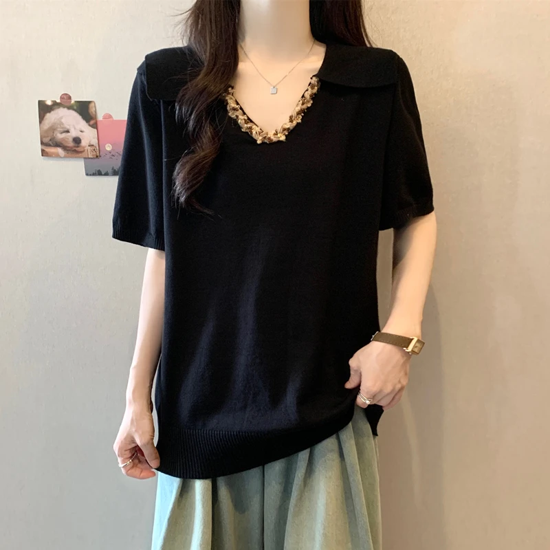正肩polo领冰丝t恤短袖女夏季胖mm大码宽松遮肚子显瘦薄针织上衣