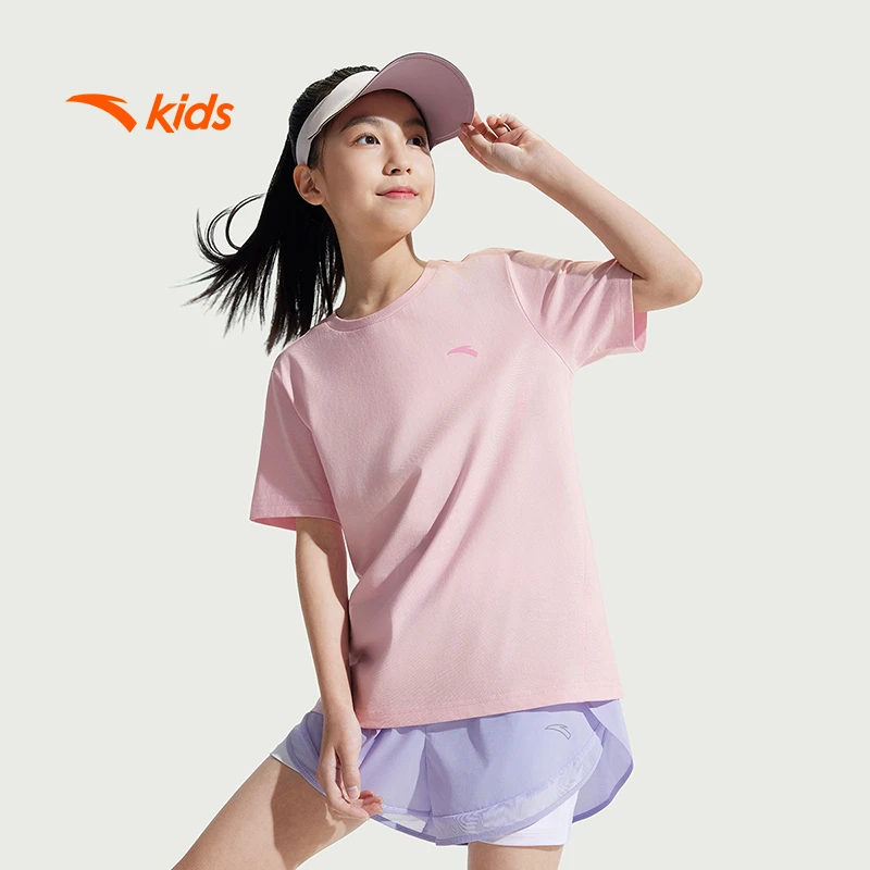 安踏儿童男女童针织短袖衫2025春新款舒适透气圆领纯棉短袖DZ