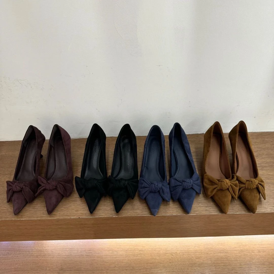 【细跟5cm】2025新款法式复古蝴蝶结尖头细跟高跟鞋女浅口单鞋