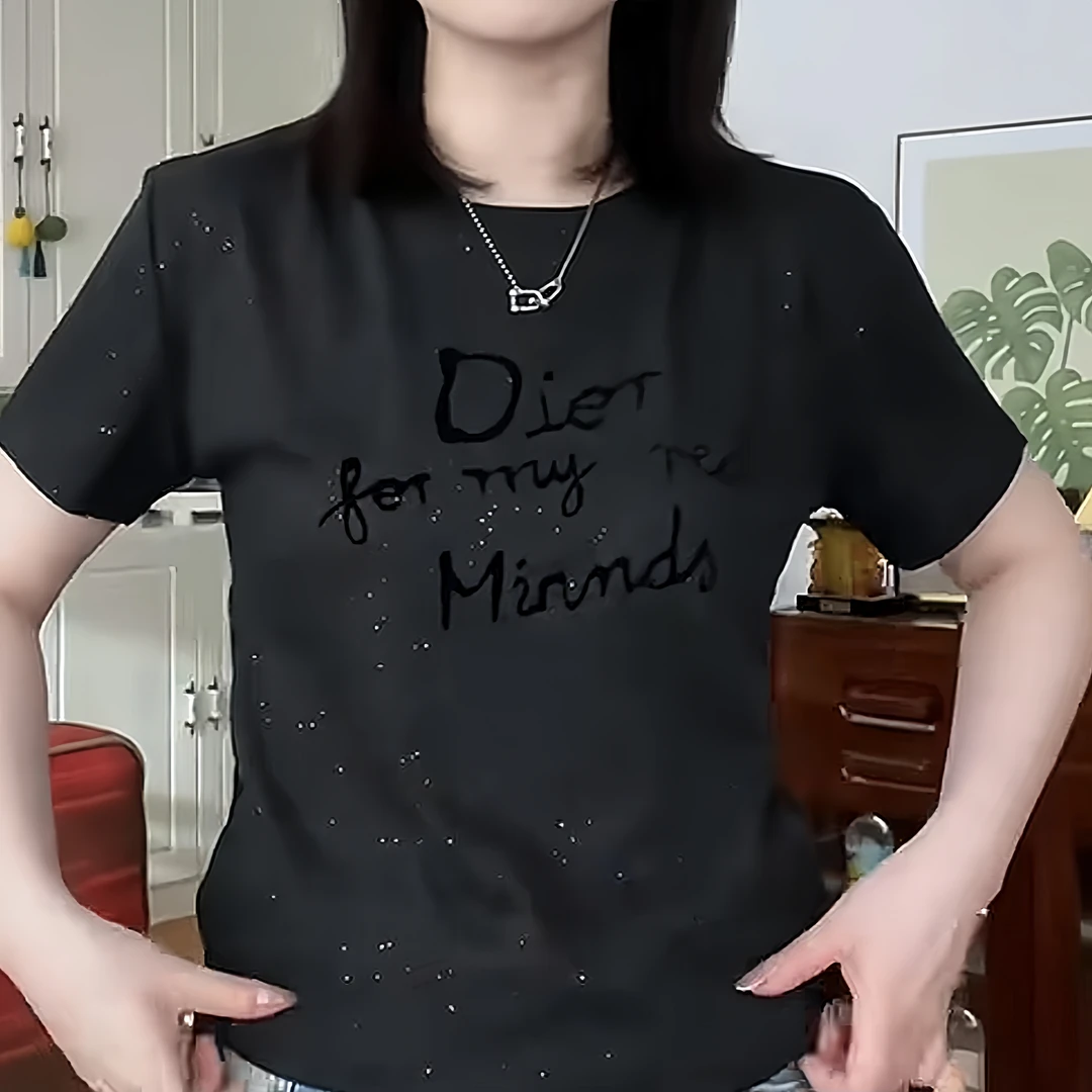 2025夏季新款时尚撒银圆领字母短袖上衣女百搭遮肉显瘦洋气T恤女