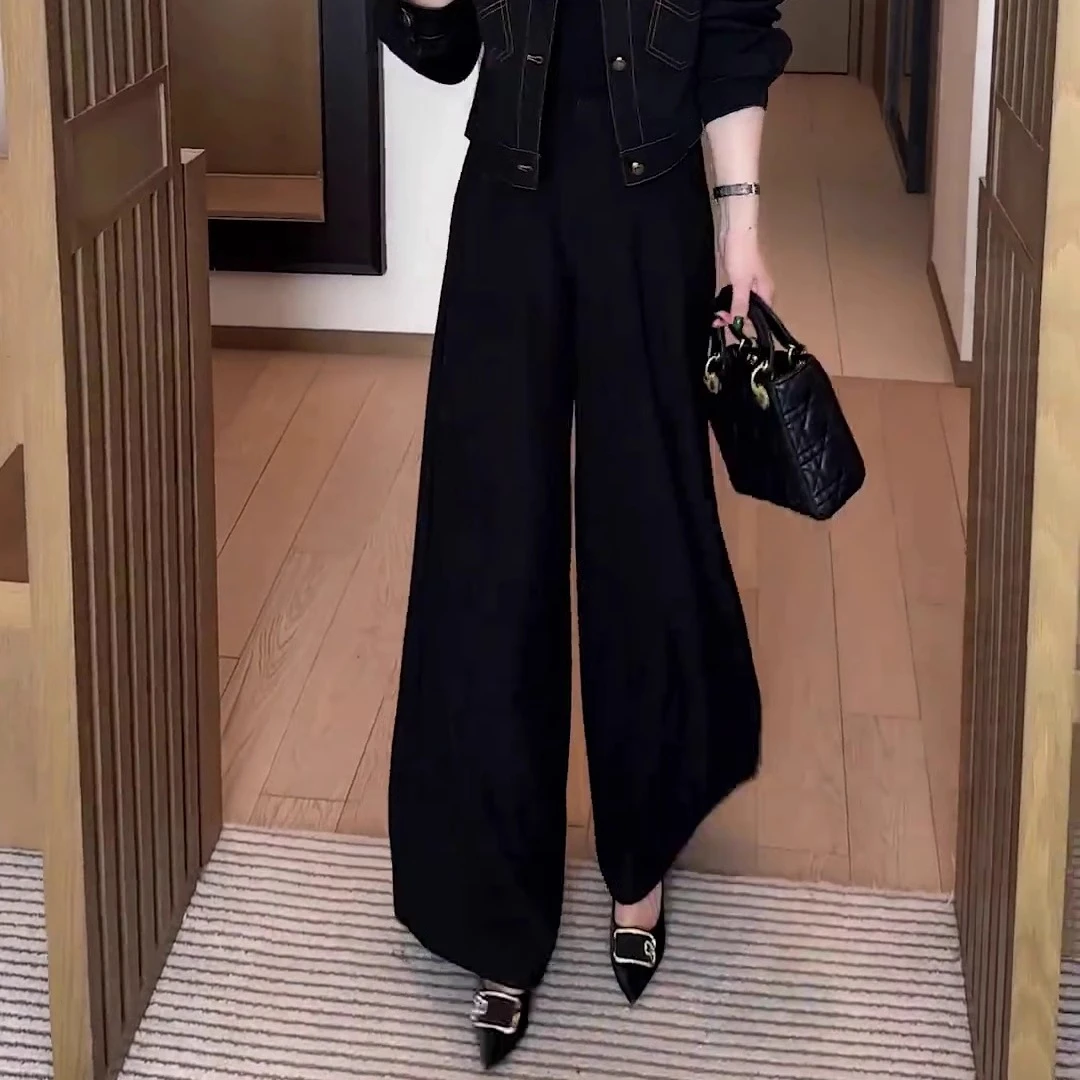 显瘦梨型身材阔腿裤女2025春秋大脚裤子高腰黑色妈妈垂感休闲长裤