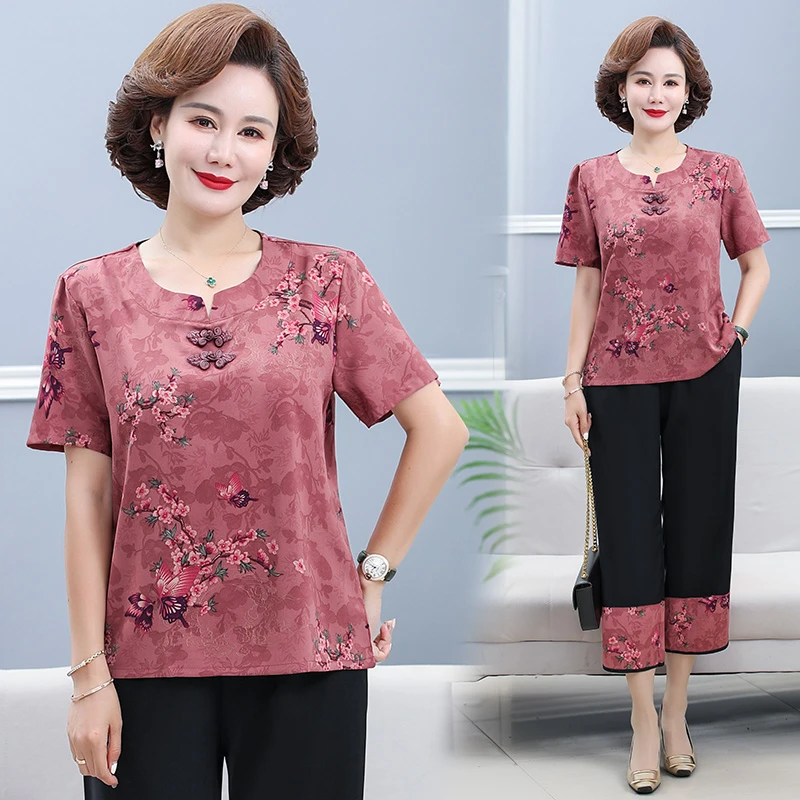 8969 妈妈装夏款洋气短袖套装中老年女装宽松显瘦气质两件套