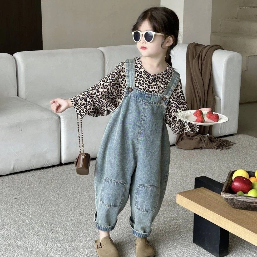 女童套装洋气韩版儿童豹纹牛仔背带裤两件套小女孩宝宝春秋装新款