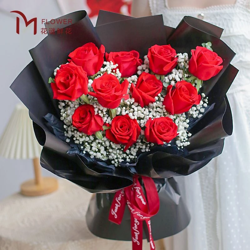 【花开浪漫时】11朵红玫瑰搭配满天星鲜花花束送女友送老婆玫瑰花生日礼物花店送花上门