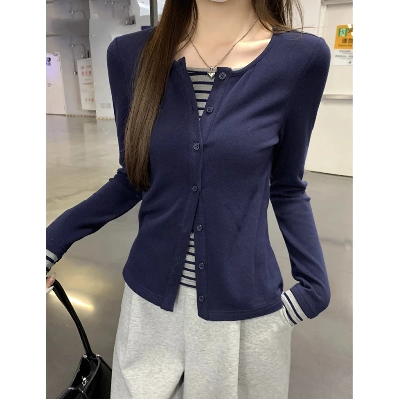 春夏季韩版撞色条纹纯欲假两件设计感百搭长袖上衣女T恤