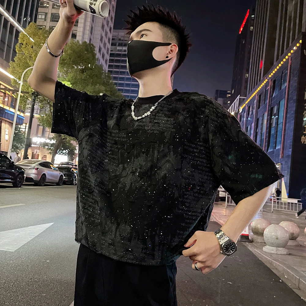 扎染亮片短袖t恤男士夏季新款网红洋气炸街男装高级感上衣半截袖