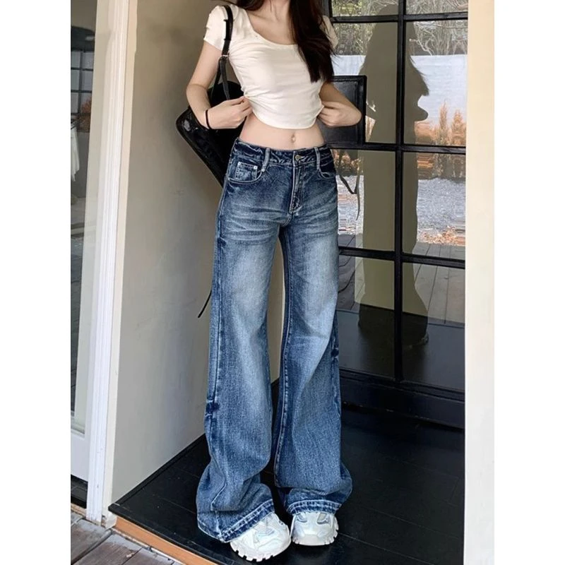 【现货+运费险】复古辣妹设计感裂纹微喇牛仔裤女高腰宽松喇叭裤潮