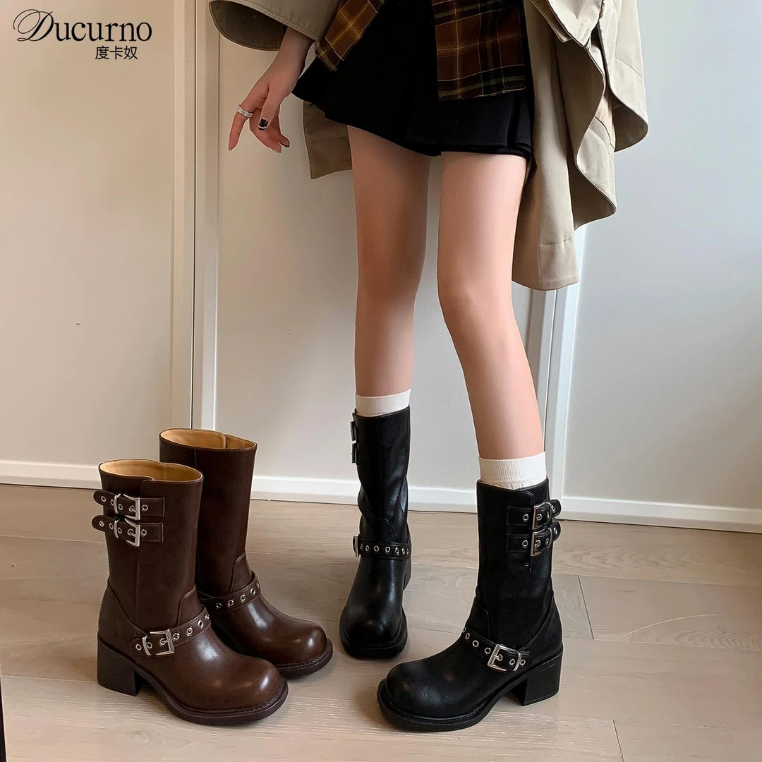 美拉德复古真皮马丁靴子女2025新款棕色高跟皮带扣中筒西部牛仔靴