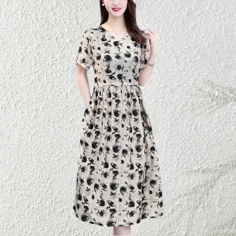 法式v领收腰显瘦连衣裙妈妈夏季胖mm棉绸a字裙新款短袖遮肚薄款