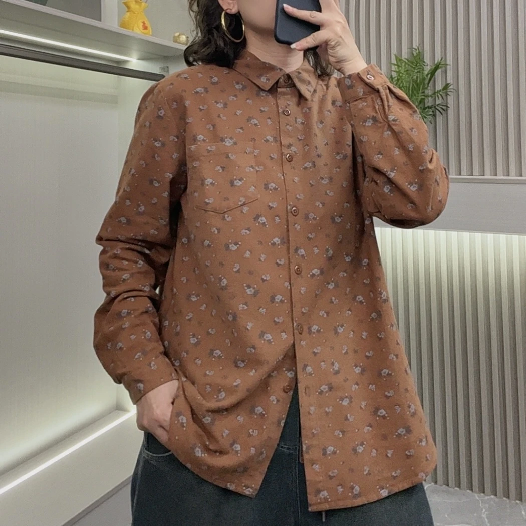 秋冬新款磨毛印花长袖翻领衬衫女宽松复古休闲碎花开衫衬衣