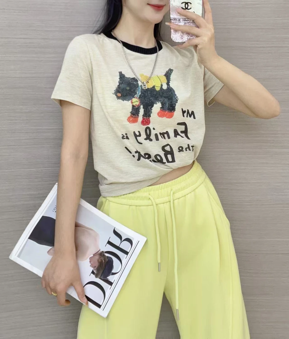 夏季套装背心休闲标准T恤女士短袖圆领休闲风印花显瘦减龄