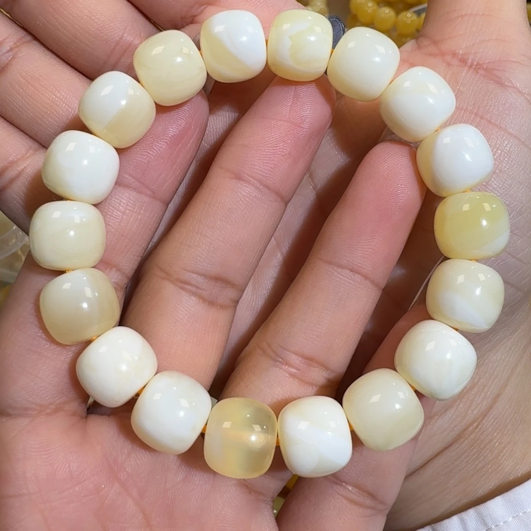 琥珀未镶嵌珠宝奇石12m焦皮同料老型白花蜡手串19.5