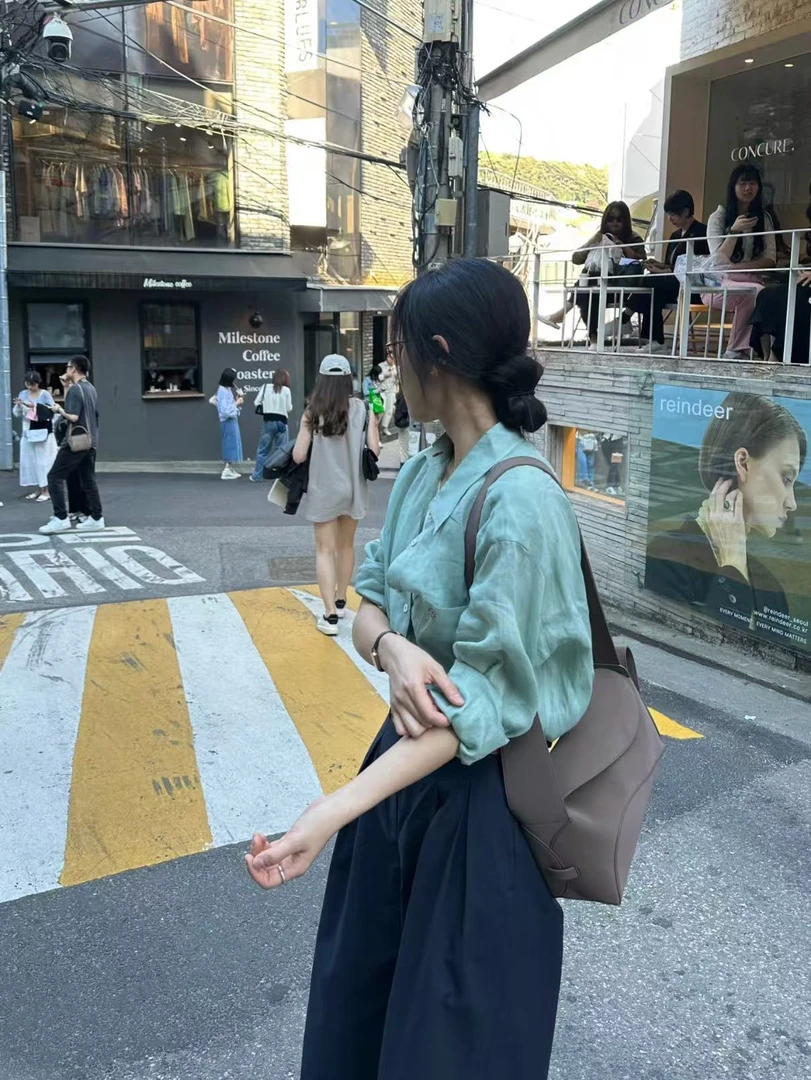 2025春季新款韩系简约气质绿色衬衫小飞袖t恤百搭阔腿裤套装