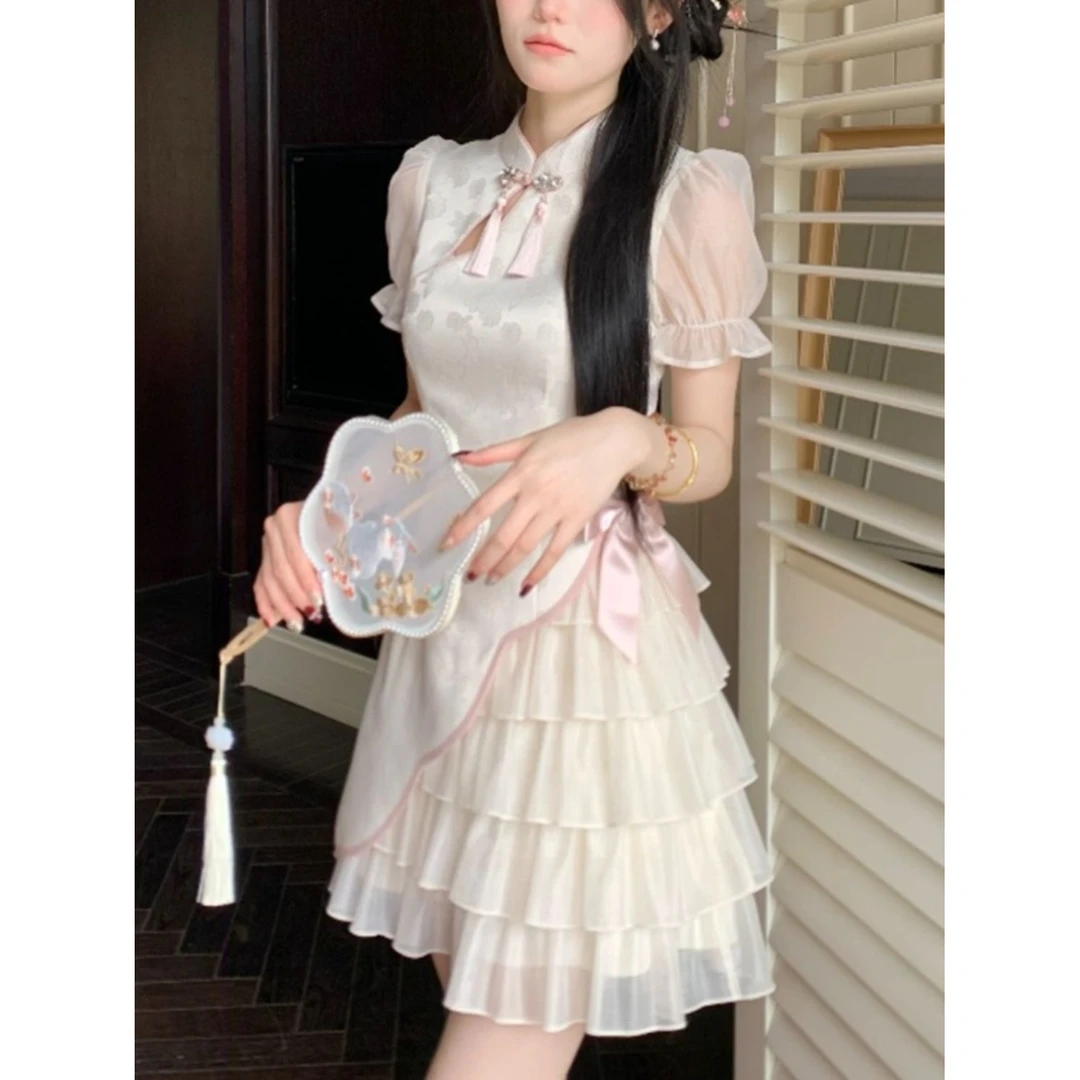 【3061人好评】新中式蝴蝶结提花旗袍连衣裙女夏季2025新款收腰短裙