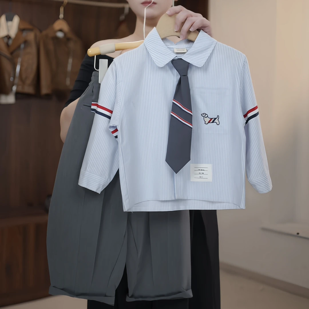 【鸭梨童品】新款韩版秋季男童长袖条纹学院刺绣小狗衬衫yL10941