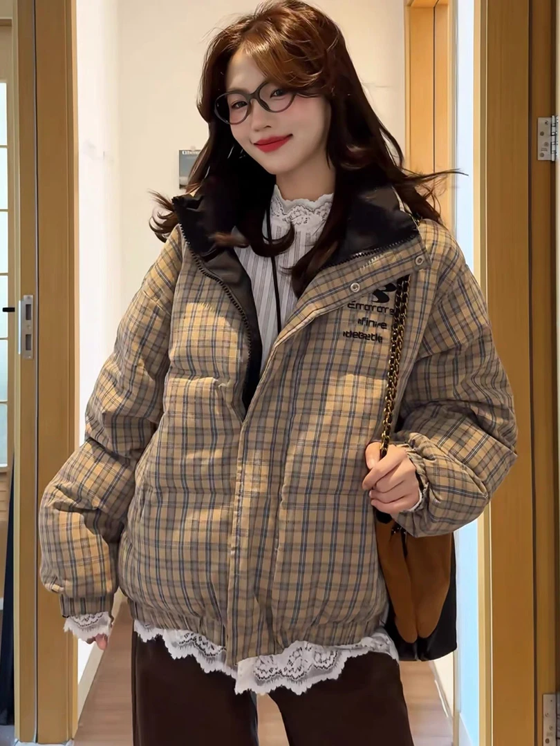 国潮韩系格子双面穿立领棉服女2025冬季新款宽松加厚保暖面包服女