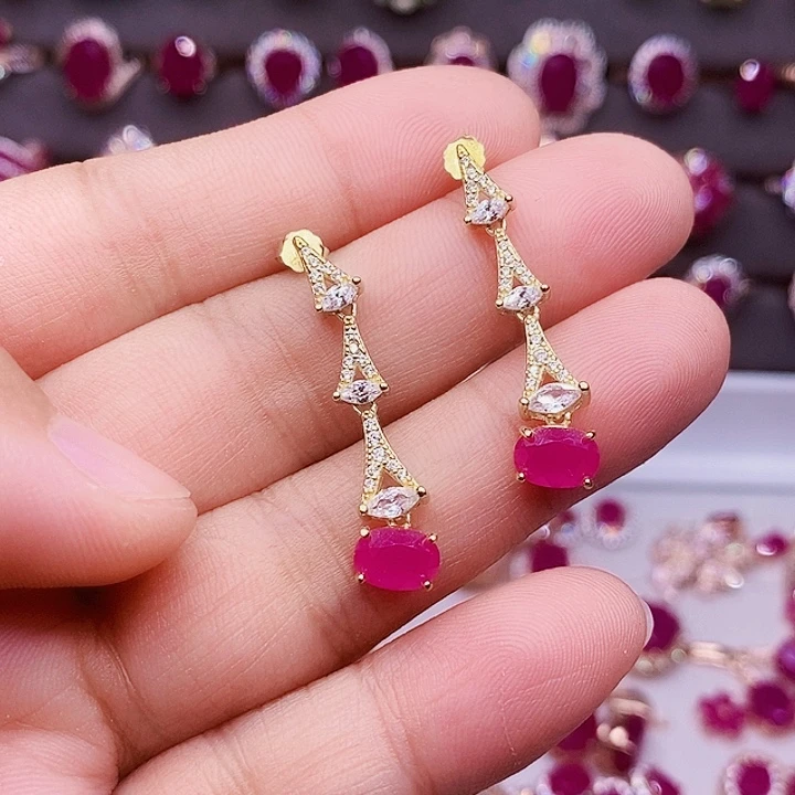 耳饰银S925镶嵌红宝石