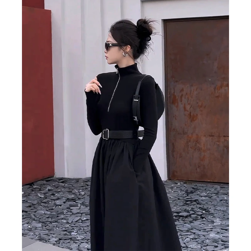 设计感高领连衣裙女2025秋季新款韩系穿搭长袖收腰显瘦中长款裙子