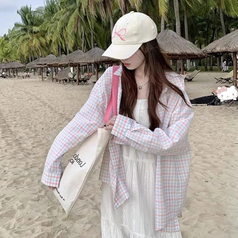 1938粉色格纹长袖防晒衬衫外套女夏季韩版宽松休闲百搭上衣开衫