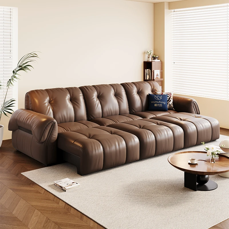 梧木坊棕色可伸缩调节真皮电动直排功能遥控小折叠两用沙发床客厅
