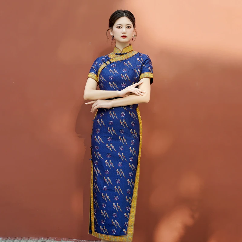 【大宋皇后五彩翟鸟】桑蚕丝宋锦高腰旗袍
