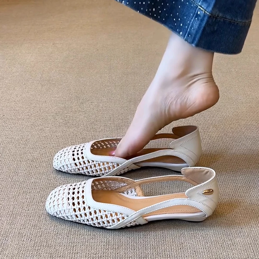 欧若风编织镂空凉鞋女2025年新款时尚百搭真皮浅口一脚蹬外穿单鞋