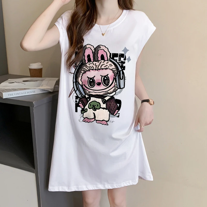 小众中长款卡通坎肩T恤裙女夏季新款宽松大码显瘦无袖纯棉背心裙