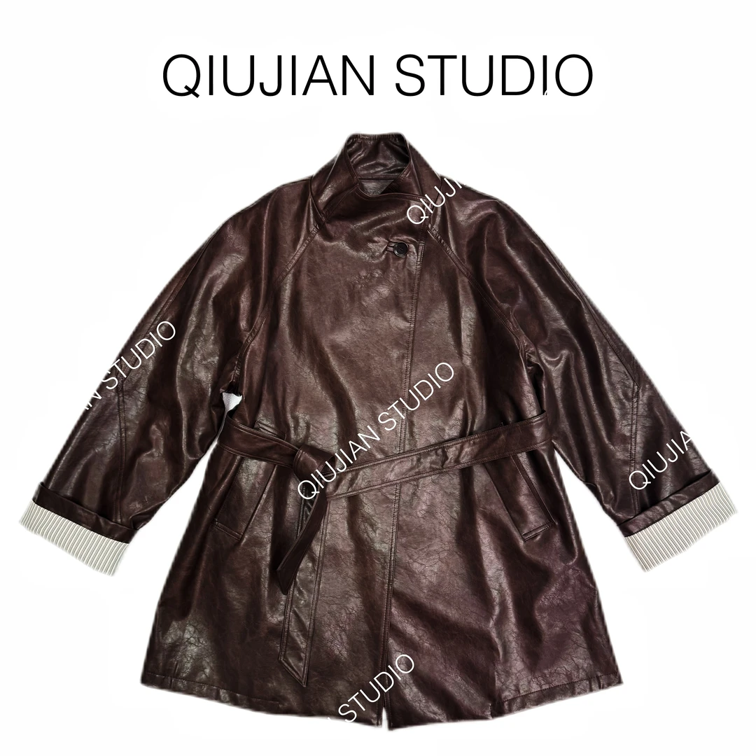 【森姐专享】QIUJIAN【爵士酒廊】翻袖撞色系带短款pu皮风衣外套