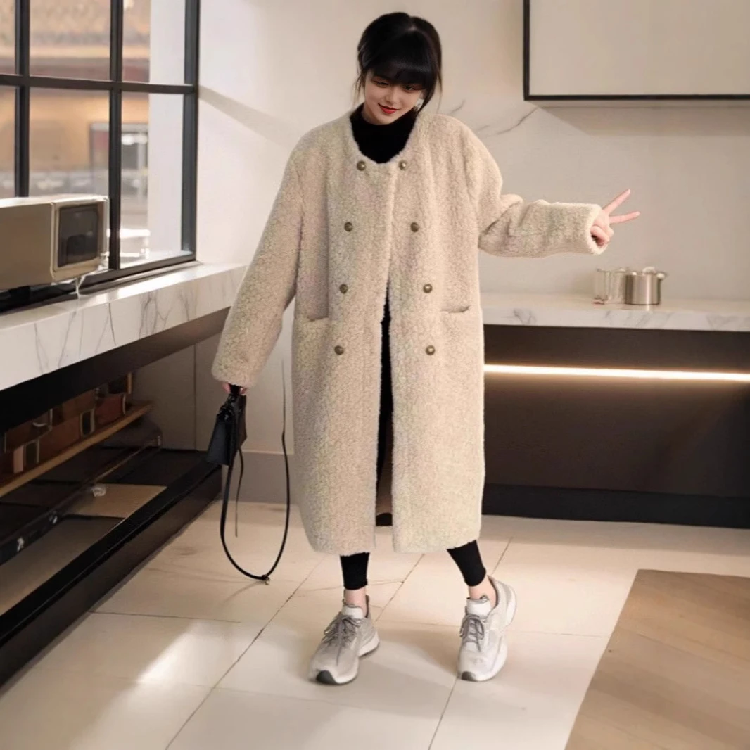 2025秋冬仿羊羔毛风衣外套女韩版穿搭颗粒绒保暖毛呢大衣慵懒风