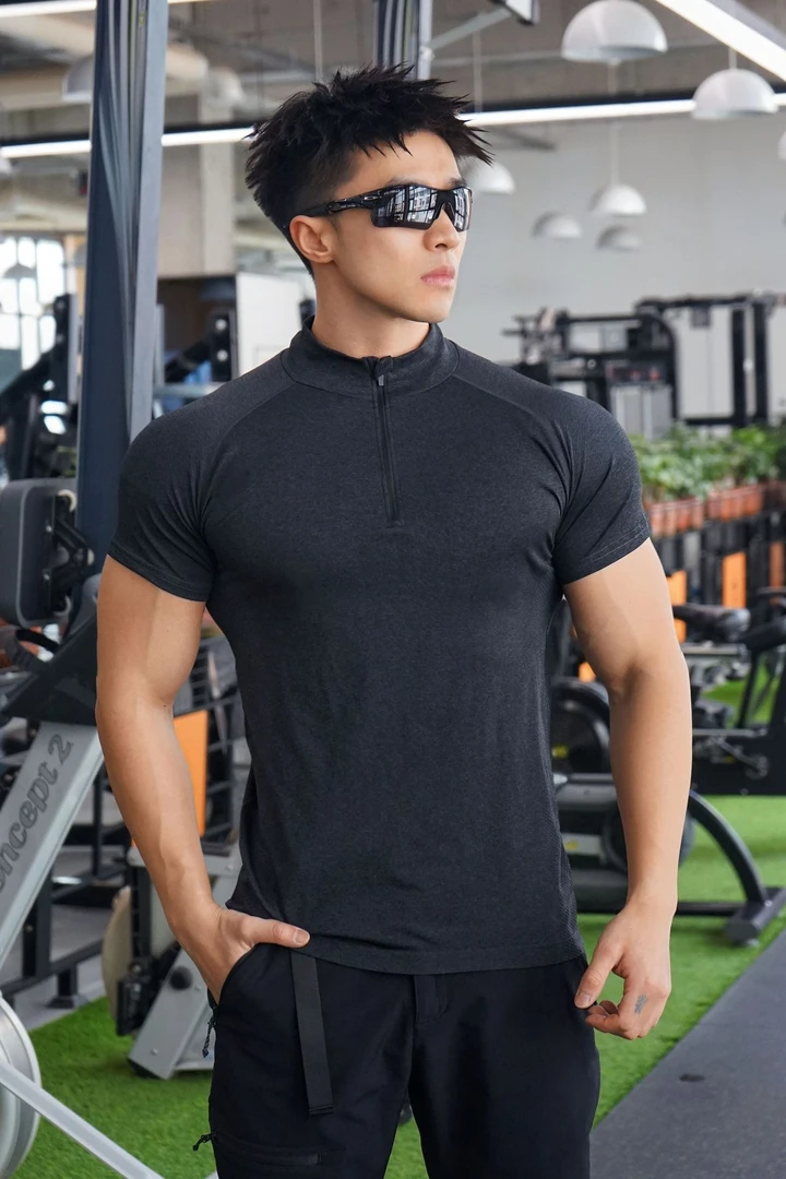 肌肉健身运动收袖口短袖男篮球跑步训练阳离子弹力半拉链T恤男士