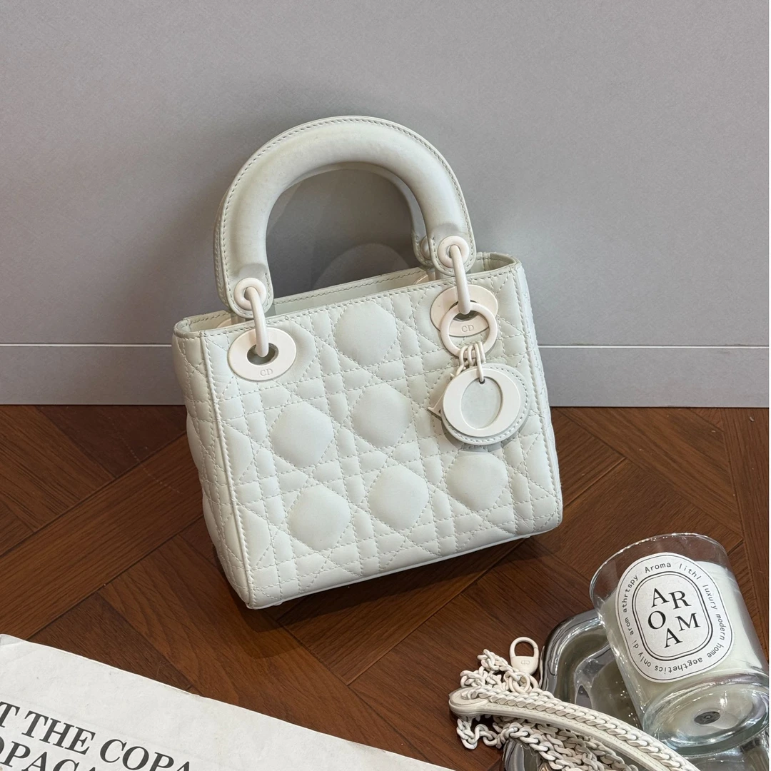 99新 DIOR/迪奥 戴妃 三格 迷你 磨砂白色 牛皮 手提包单肩包