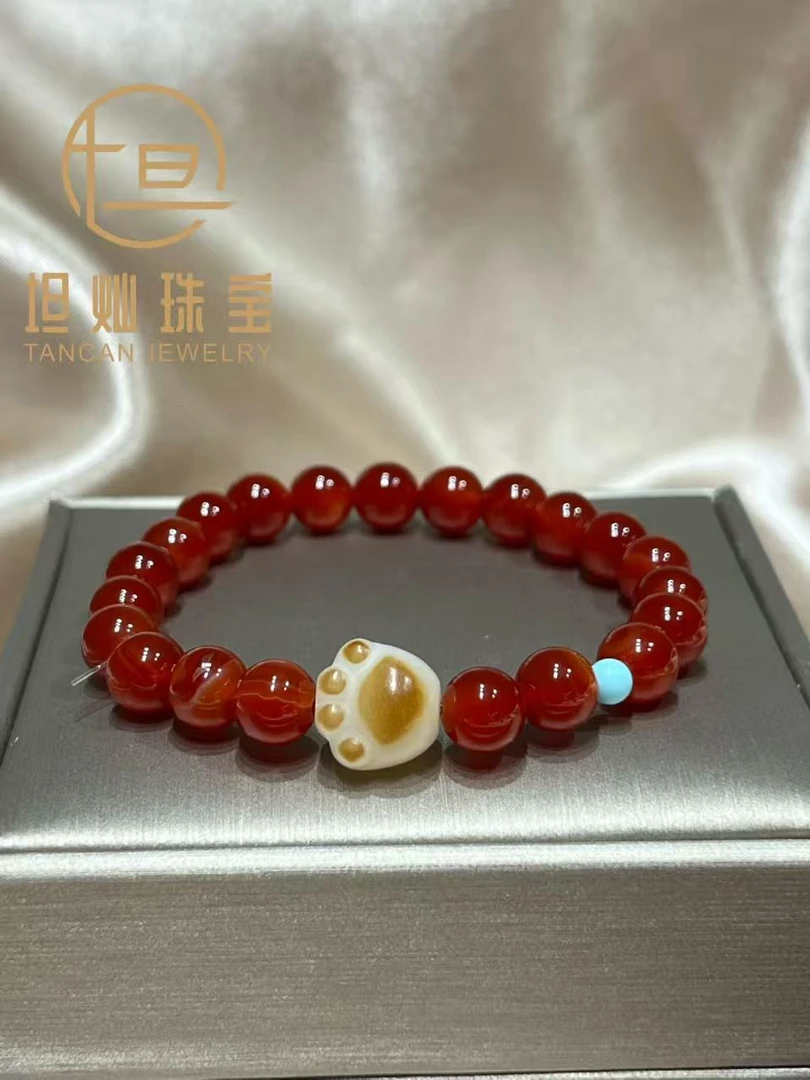 天然单圈红玛瑙搭玉髓猫抓款手串1301