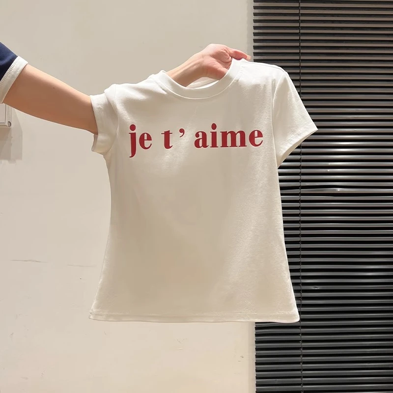 美式撞色字母印花圆领正肩短袖t恤女夏季修身显瘦辣妹百搭小上衣