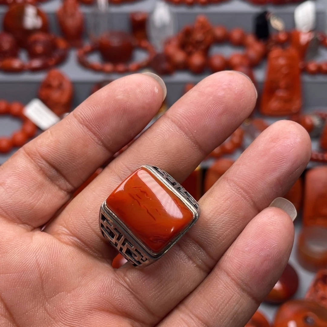 南红玛瑙银S925镶嵌珠宝奇石戒指