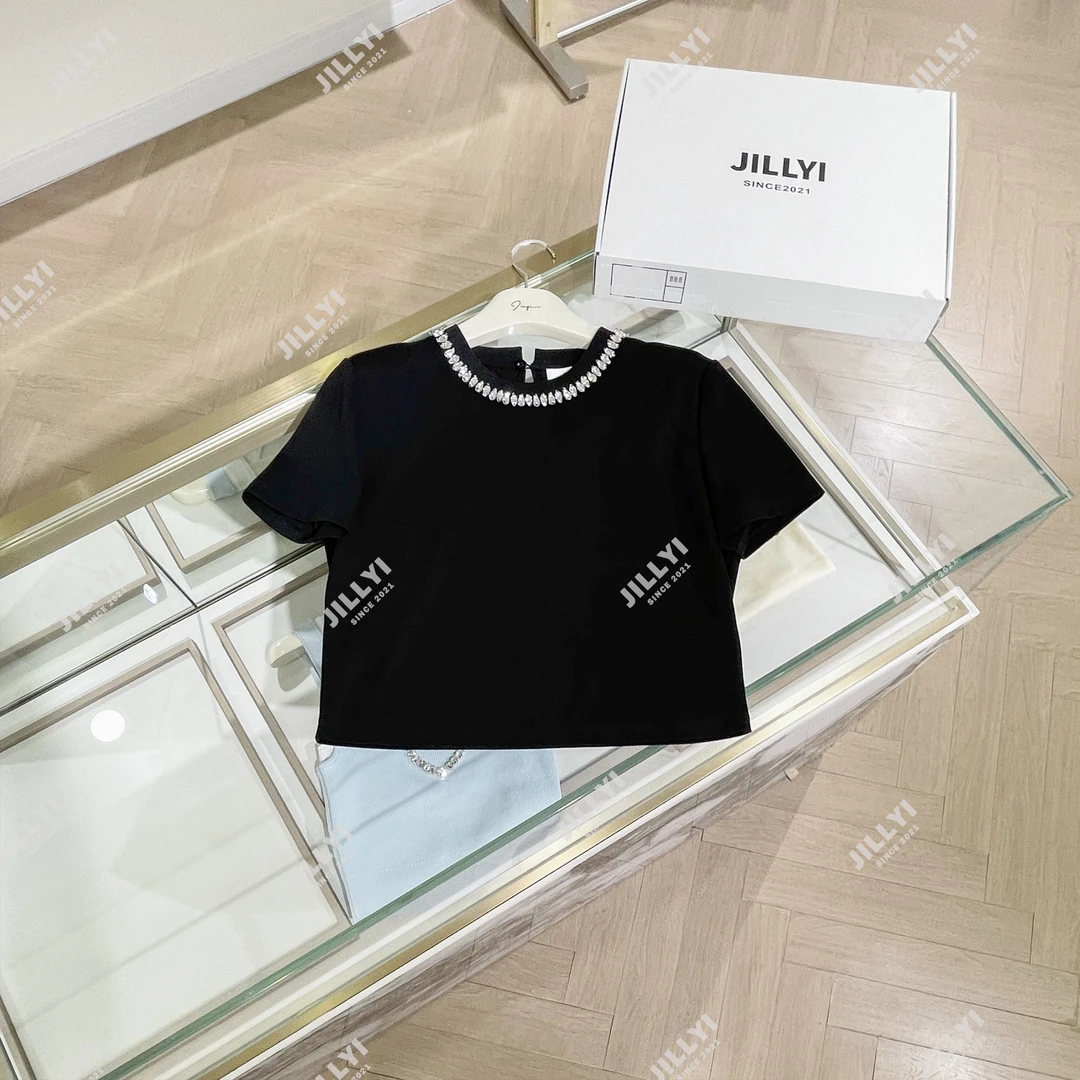 JILLYI【钻石邂逅】重磅手缝钻石领子短袖时尚休闲百搭夏季黑白